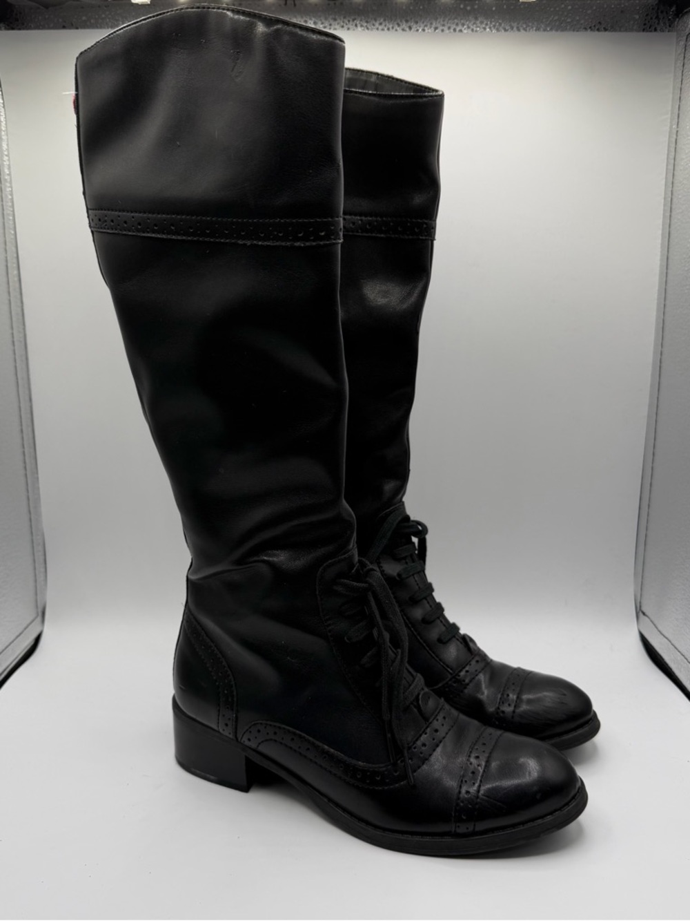 Tommy Hilfiger Black Riding Boots Tall Lace Up Leather Women’s 6.5